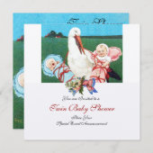 ストークツインベビーシャワー、シャンパンメタリック 招待状 (正面/裏面)