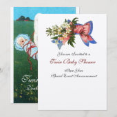 ストークツインベビーシャワー、シャンパンメタリック 招待状 (正面/裏面)