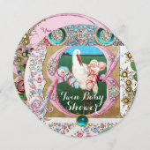 ストークツインボーイ – 女の子の赤ちゃんシャワー、フローラ宝石 招待状 (正面/裏面)