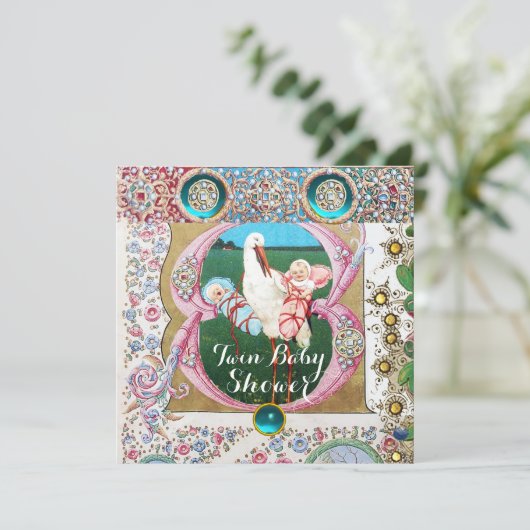 ストークツインボーイ – 女の子の赤ちゃんシャワー、フローラ宝石 招待状 (スタンド正面)
