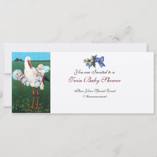 ストークツイン男の赤ちゃんシャワーシャンパンメタリック 招待状 (正面)