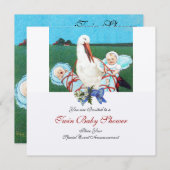 ストークツイン男の赤ちゃんシャワー、シャンパンメタリック 招待状 (正面/裏面)