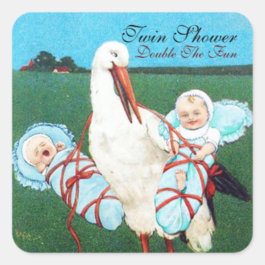 ストークツイン男の赤ちゃんシャワー、ティール（緑がかった色）ブルー スクエアシール (正面)