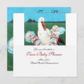 ストークツイン男の赤ちゃんシャワー、ティール（緑がかった色）ブルー 招待状 (正面/裏面)