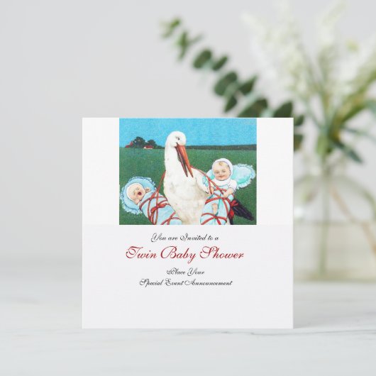 ストークツイン男の赤ちゃんシャワー、ティール（緑がかった色）ブルー 招待状 (スタンド正面)