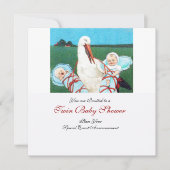 ストークツイン男の赤ちゃんシャワー、ティール（緑がかった色）ブルー 招待状 (正面)