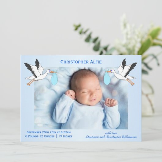 ストークデザイン男の赤ちゃん誕生 案内状 (スタンド正面)