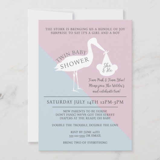 ストークピンクとブルーツインベビーシャワー招待状 招待状 (正面)