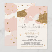ストークピンクアンド金ゴールドグリッターガールベビーシャワー  招待状 (正面/裏面)