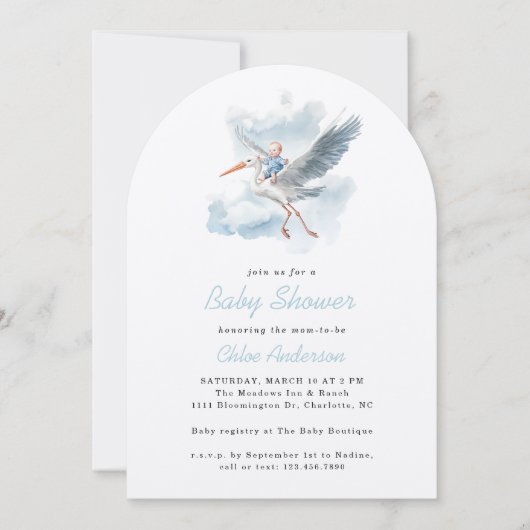 ストークブルー男の赤ちゃん水彩ベビーシャワーアーチ 招待状 (正面)