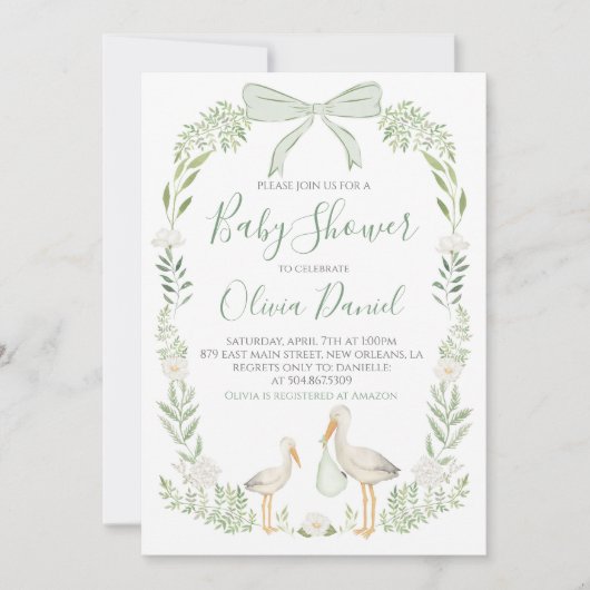 ストークベイビーシャワーコケ名門私立校風のットセージ緑 招待状 (正面)