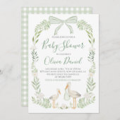 ストークベイビーシャワーコケ名門私立校風のットセージ緑 招待状 (正面/裏面)