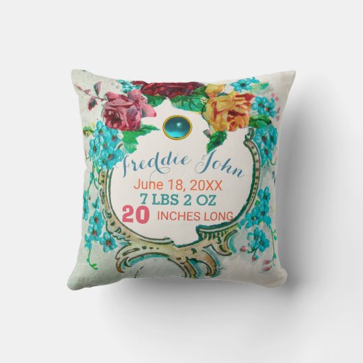 ストークボーイ赤ちゃんシャワーフローラ誕生少年ベビー統計 クッション (裏面)