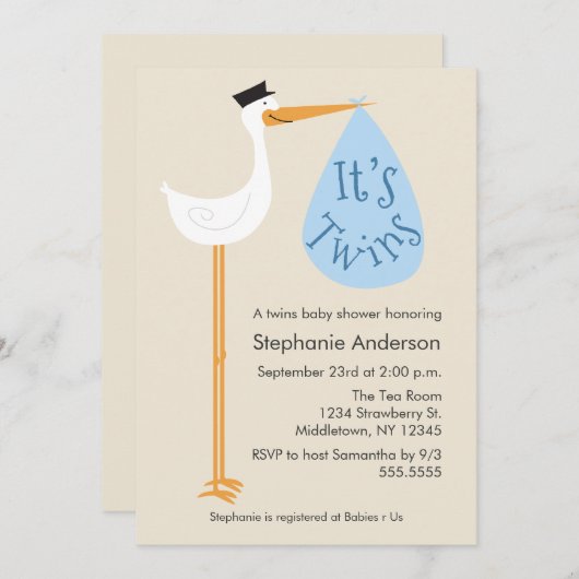 ストークモダンベイビーシャワー招待状 – ツインボーイズ 招待状 (正面/裏面)