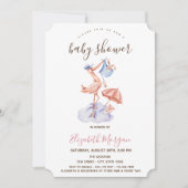 ストークリトルバニーピンクストライプ色の赤ちゃんシャワー 招待状 (正面)