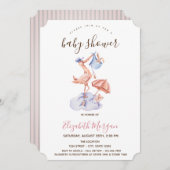 ストークリトルバニーピンクストライプ色の赤ちゃんシャワー 招待状 (正面/裏面)