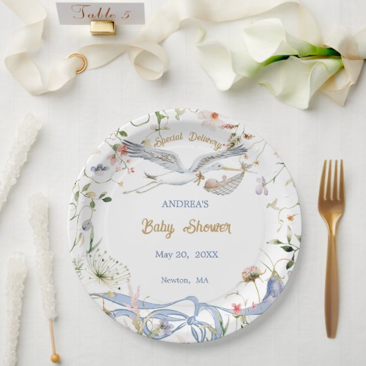 ストークワイルドフラワーリボンベビーシャワー紙 ペーパープレート (ウェディング)