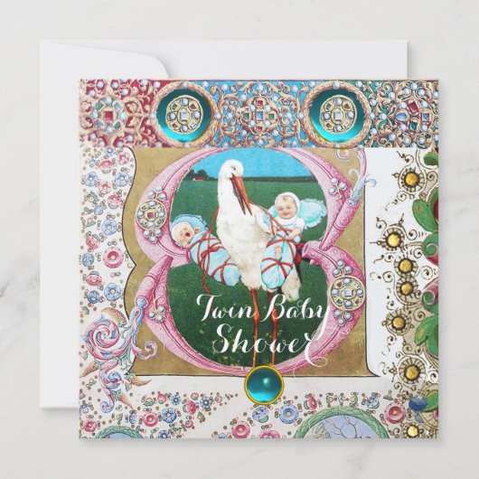 ストーク双子の少年の赤ちゃんシャワー、フローラ宝石 招待状 (正面)
