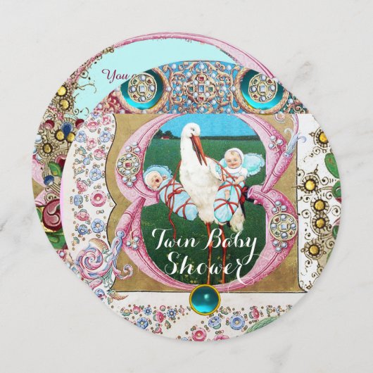 ストーク双子の少年の赤ちゃんシャワー、フローラ宝石 招待状 (正面/裏面)
