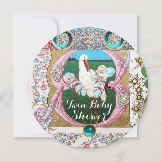 ストーク双子の少年の赤ちゃんシャワー、フローラ宝石 招待状 (正面)