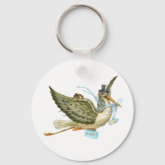ストーク少年の赤ちゃんシャワーブルーホワイト キーホルダー (正面)