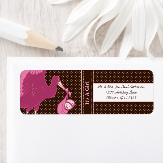 ストーク新生児女の子の茶色とピンクのドット ラベル (インサイチュ)