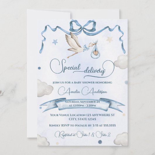 ストーク特殊配信リボンボウ赤ちゃんシャワー 招待状 (正面)