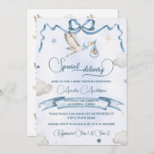 ストーク特殊配信リボンボウ赤ちゃんシャワー 招待状 (正面/裏面)