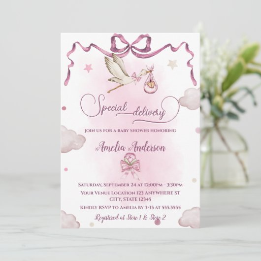 ストーク特殊配信リボンボウ赤ちゃんシャワー 招待状 (スタンド正面)