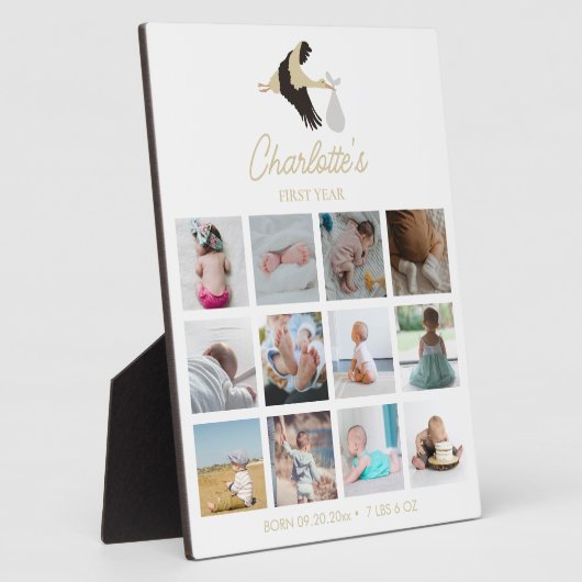 ストーク生まれたばかりのベビーの初年度の写真誕生の詳細 フォトプラーク (側面)