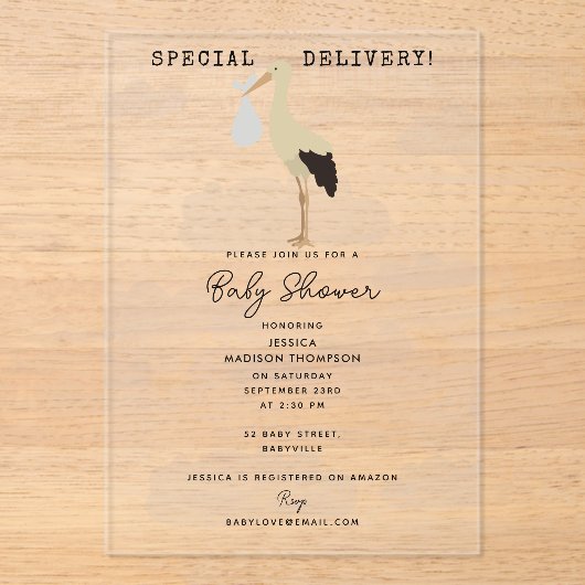ストーク生まれたばかりの男の赤ちゃんガールベビーシャワー アクリル招待状 (正面)