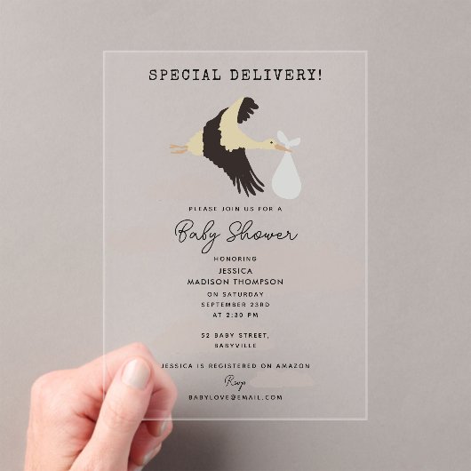 ストーク生まれたばかりの男の赤ちゃんガールベビーシャワー アクリル招待状 (インサイチュ (ポータブル))