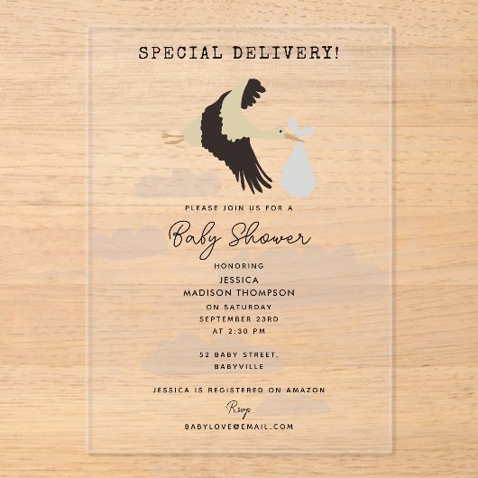 ストーク生まれたばかりの男の赤ちゃんガールベビーシャワー アクリル招待状 (正面)