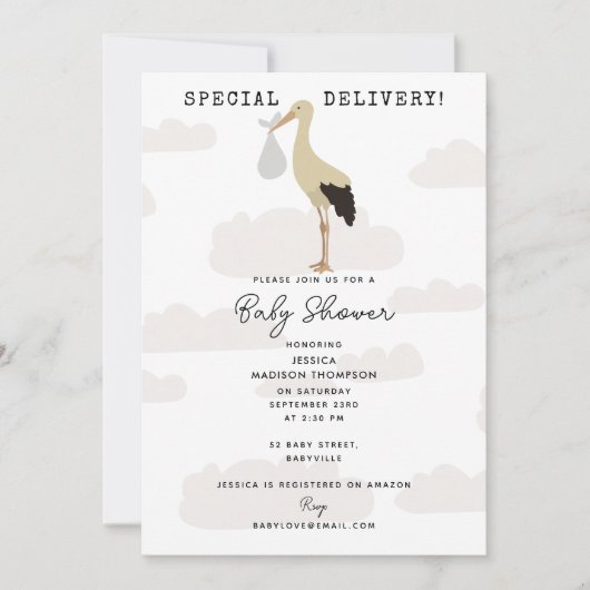 ストーク生まれたばかりの男の赤ちゃんガールベビーシャワー 招待状 (正面)