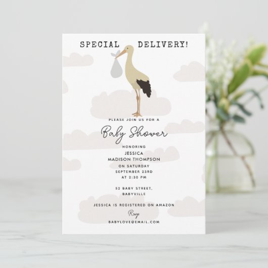 ストーク生まれたばかりの男の赤ちゃんガールベビーシャワー 招待状 (スタンド正面)