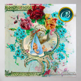 ストーク男の赤ちゃんシャワージェムストーンモノグラム ポスター