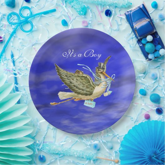 ストーク男の赤ちゃんシャワーブルースカイ ペーパープレート (パーティー)