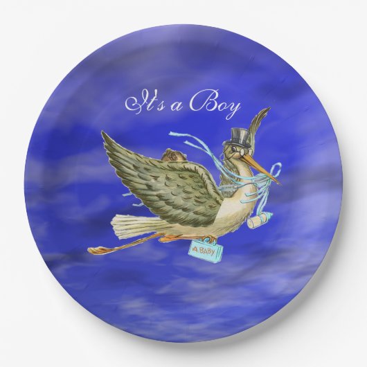 ストーク男の赤ちゃんシャワーブルースカイ ペーパープレート (正面)