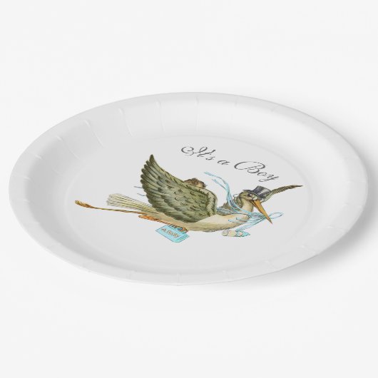 ストーク男の赤ちゃんシャワーホワイト ペーパープレート (アングル)