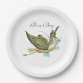 ストーク男の赤ちゃんシャワーホワイト ペーパープレート (正面)