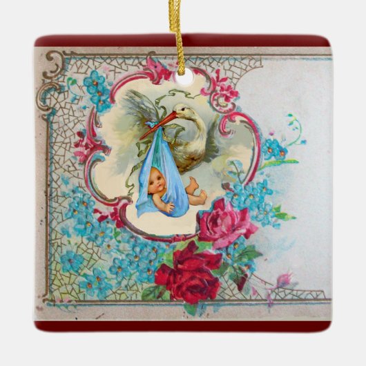 ストーク男の赤ちゃんシャワー2ブルーアクアマリン セラミックオーナメント (正面)