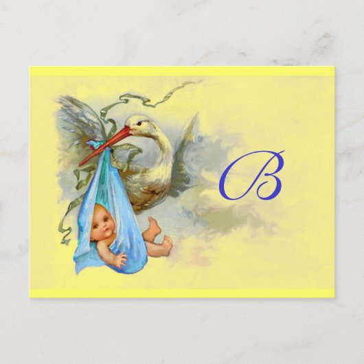 ストーク男の赤ちゃんシャワー2 インビテーションポストカード (正面)