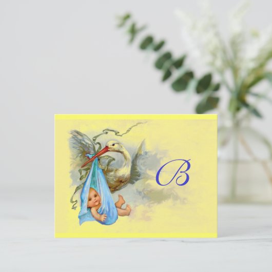 ストーク男の赤ちゃんシャワー2 インビテーションポストカード (スタンド正面)