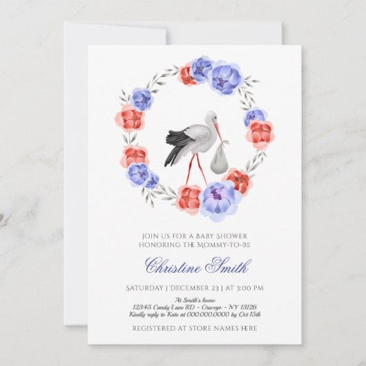 ストーク男女兼用ブルーレッドフローラベビーシャワーI 招待状 (正面)