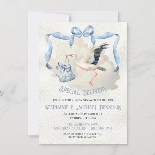 ストーク赤ちゃんシャワーリボンボウ特別配送 招待状 (正面)