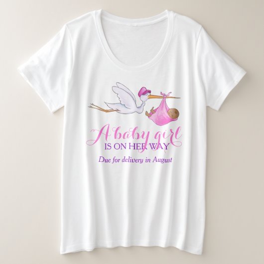 ストーク赤ん坊の女の子の道のカスタム日付妊婦の プラスサイズTシャツ (デザイン正面)