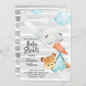 ストーク&ベアキューブボーイベビーシャワーブルー&グレー 招待状 (正面/裏面)