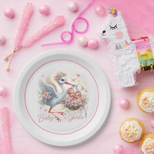 ストーク、ベビーガール、フラワーとツイン・ガールだ ペーパープレート (パーティー)