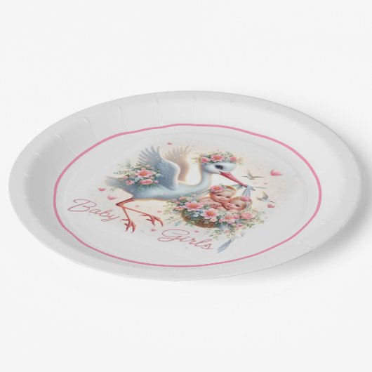 ストーク、ベビーガール、フラワーとツイン・ガールだ ペーパープレート (アングル)