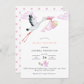 ストーク |水彩ベビーガールシャワー 招待状 (正面/裏面)